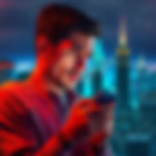 A person showing frustration while checking a phone for credit status updates, with a cityscape of New York in the background