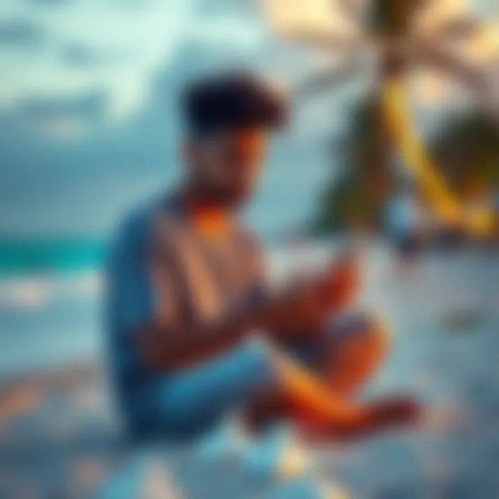 User pondering game rules in Florida A person sitting on a beach contemplating gaming rules while looking at a smartphone