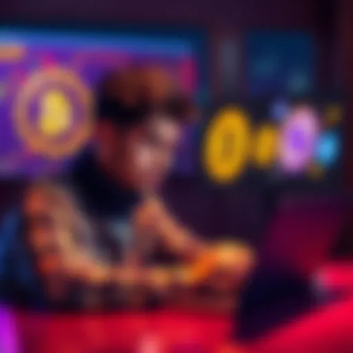 A person looking frustrated while using a laptop with cryptocurrency logos on the screen, symbolizing account restriction issues