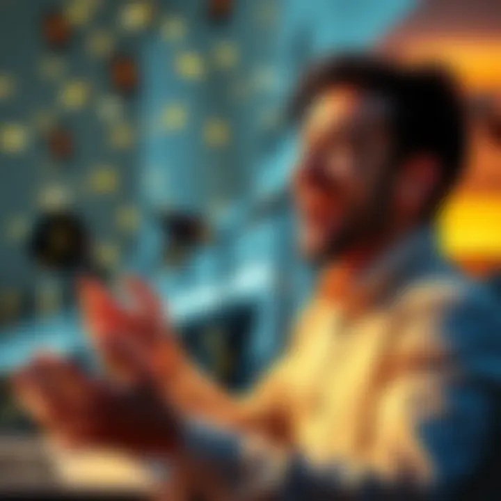 A person happily receiving a bonus on a website, showing excitement and joy.