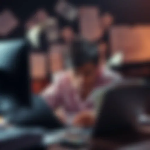 A person looking at a computer screen with a frustrated expression, surrounded by paperwork and dollar bills, symbolizing financial troubles and account complications.