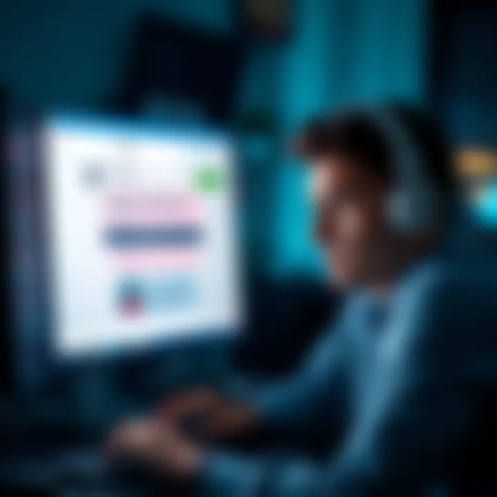 User looking worried while checking account for withdrawal status, showing a computer screen with a support chat open