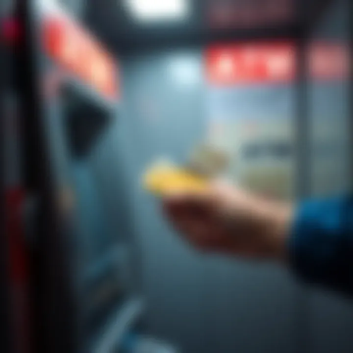 A person at an ATM counting cash after successfully withdrawing money with a debit card