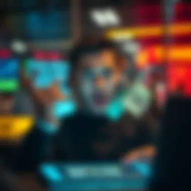 A user looks surprised while withdrawing money from a digital platform, with cash appearing on the screen.