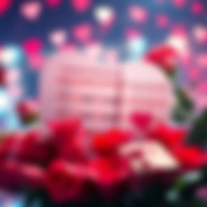 Valentine's Day Betting Opportunities A heart-shaped betting slip with odds displayed for Valentine's Day events, surrounded by roses and gifts.