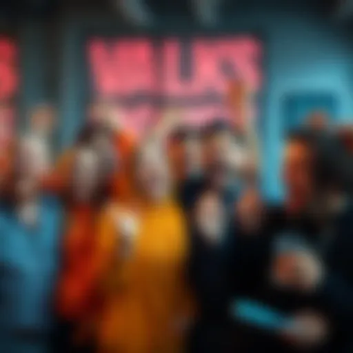 A group of excited people discussing their success with valks and easy money opportunities, with smiles and gestures of enthusiasm.