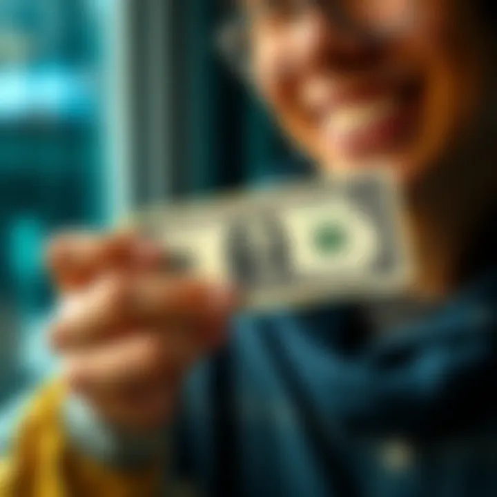 A person smiling while holding a dollar bill, symbolizing a small financial investment that leads to big returns.