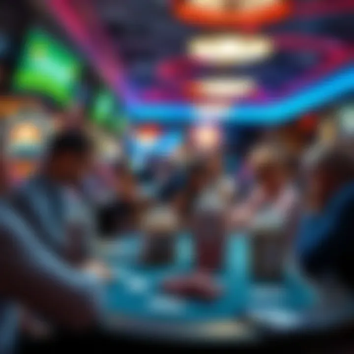 A busy casino scene in Vancouver, showing dealers and players interacting, with focus on tip jars at various tables.