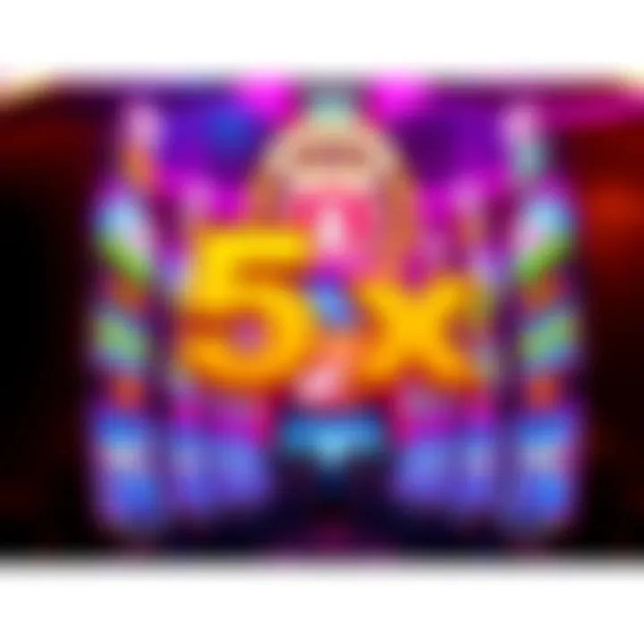 A row of colorful slot machines in Las Vegas featuring a 5x multiplier sign