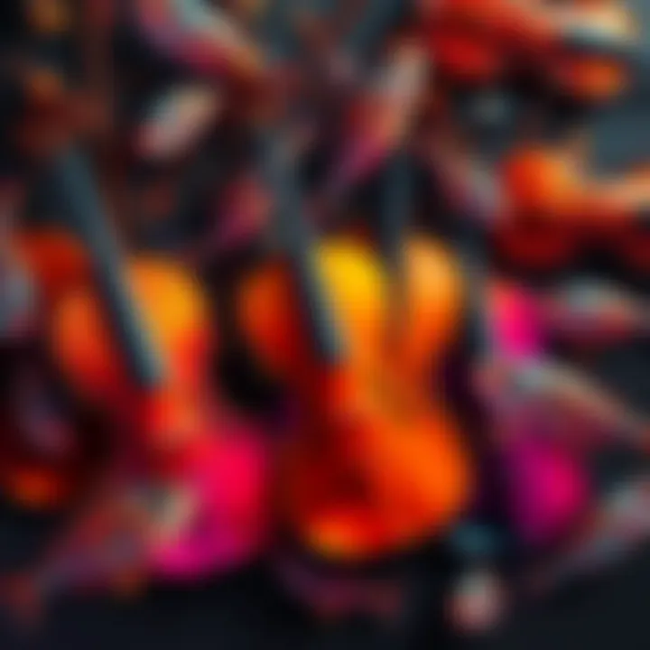 A colorful collage of violins intertwined with images of fish, symbolizing creativity and cultural reflections.