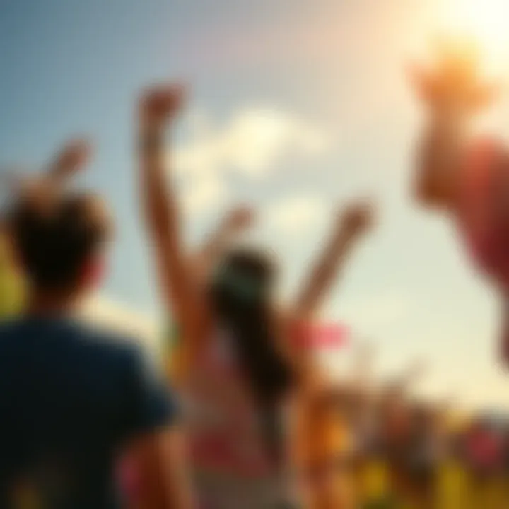 A sunny scene with people enjoying outdoor activities and celebrating achievements during June