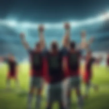 A soccer team celebrates a big win with players raising their arms in joy after scoring five goals.