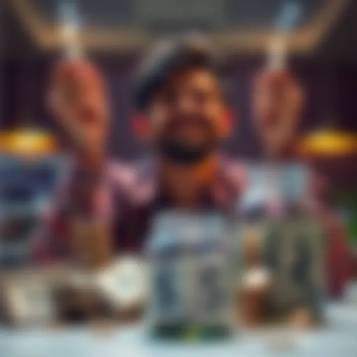 A person celebrating small victories while managing finances, surrounded by bills and a savings jar, symbolizing recovery from gambling addiction.