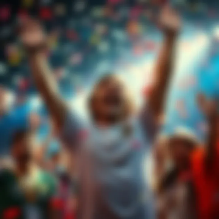 A person joyfully celebrating a personal achievement with arms raised and a big smile, surrounded by friends and confetti.