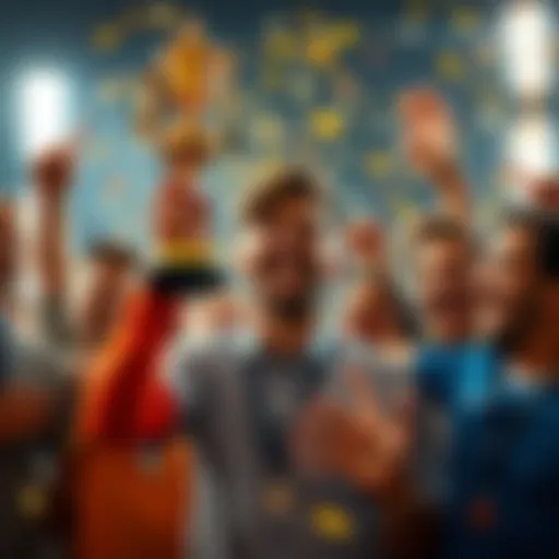 A person holding a trophy with a big smile, surrounded by friends celebrating together