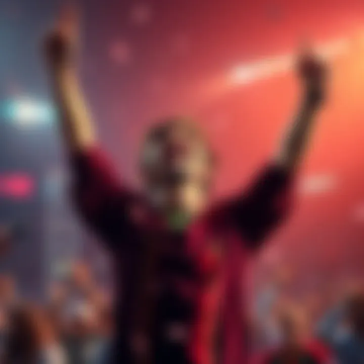 A person celebrating with arms raised in excitement after winning a game, radiating happiness and inviting others to share their success stories.