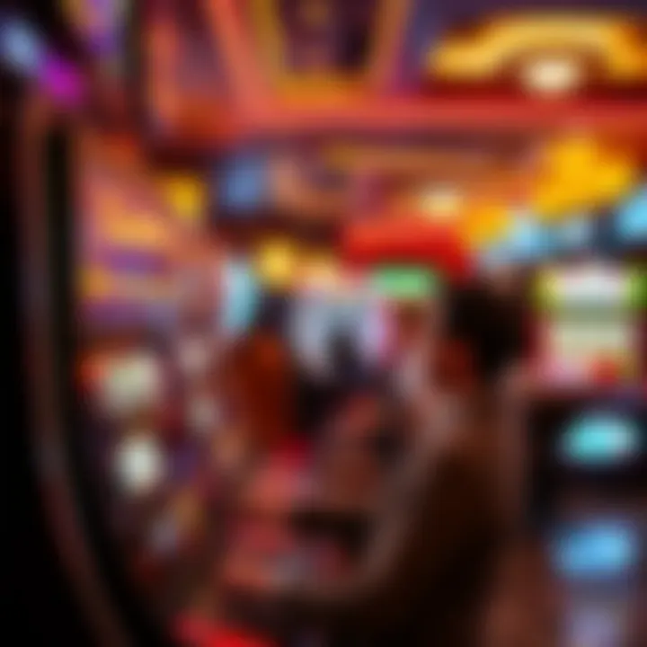 A player enjoying a video poker machine in a busy casino environment, with bright lights and slot machines in the background.