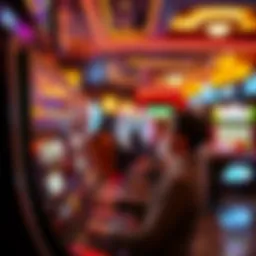 Video poker machine in a casino A player enjoying a video poker machine in a busy casino environment, with bright lights and slot machines in the background.