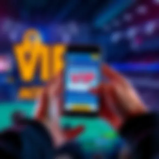 A person holding a mobile phone displaying a betting platform, indicating a sale of a VIP account, with a secure transaction symbol in the background.