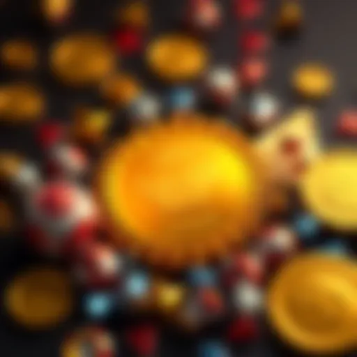 A close-up of a shiny gold badge representing VIP Gold status, surrounded by gaming tokens and bonus symbols, indicating achievements in a community