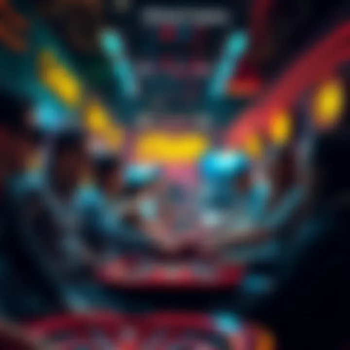 A vibrant scene showing diverse people playing games in a virtual casino with augmented reality elements.