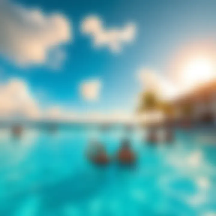 People relaxing by the pool at Resorts World Bimini, under sunny skies with palm trees in the background.