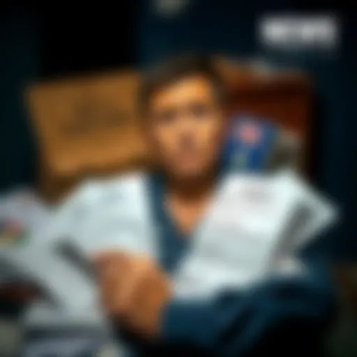 A voter looks concerned while holding a voting ballot, surrounded by election materials, symbolizing distrust in the electoral process.