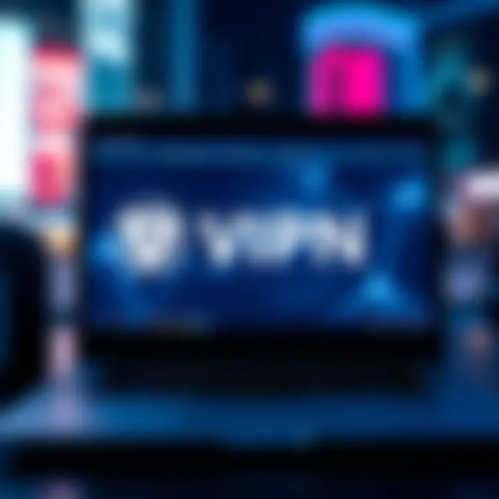 A laptop screen displaying a VPN interface with the No Limit City logo and Stake US graphics in the background.