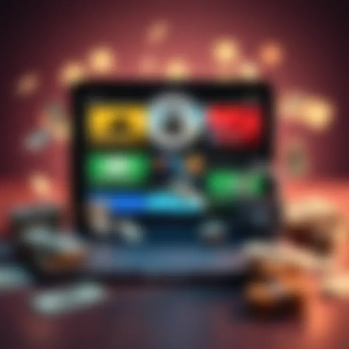 A laptop displaying various VPN friendly websites with original content, surrounded by dollar bills and a secure padlock icon, symbolizing financial freedom and security.