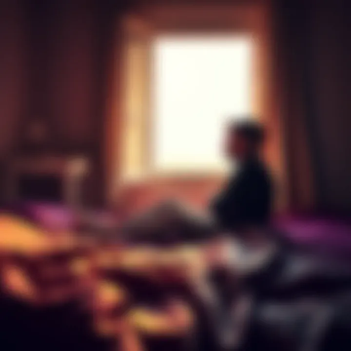A person sitting on the edge of a bed with a frustrated expression, looking out a window as morning light streams in.