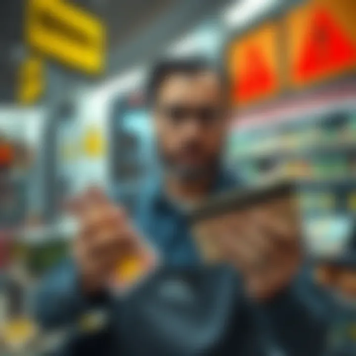 Warning About Credit Scratch-Offs A concerned shopkeeper holding scratch-off lottery tickets and a credit card, with warning signs in the background.