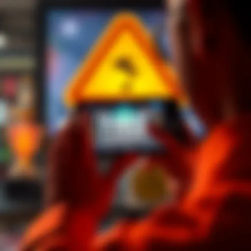 A person looking at a smartphone displaying a fake casino advertisement with a caution symbol in the background
