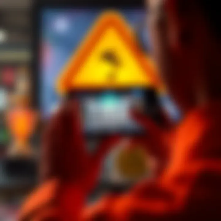 A person looking at a smartphone displaying a fake casino advertisement with a caution symbol in the background