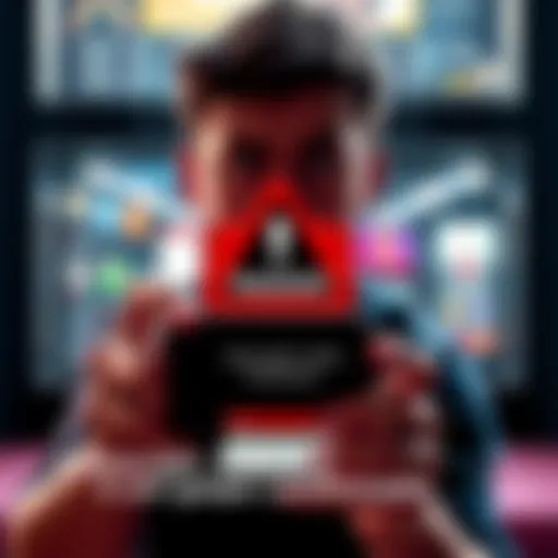 A person looking worried while holding a smartphone showing a gambling app's screen, with a red warning sign overlay and text about Rakebit's fraudulent actions.