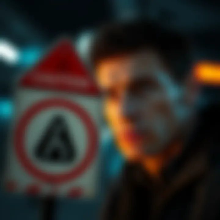 A person looking at a caution sign with a serious expression, symbolizing awareness of potential dangers.