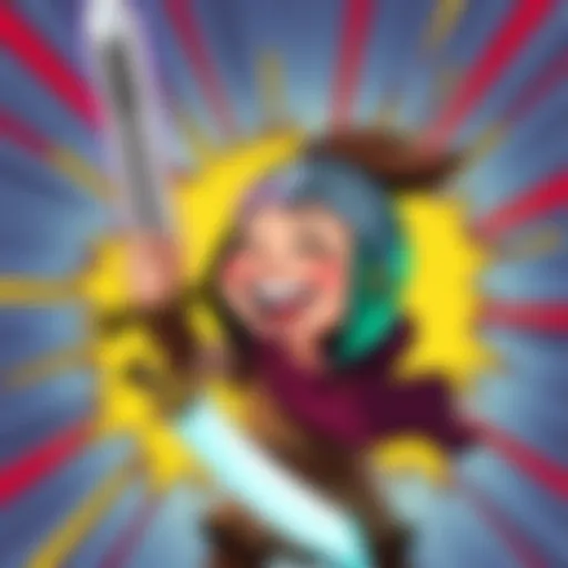 A cartoon character, Warrior 0.5, is laughing joyfully while holding a sword. The background features a colorful comic-style design