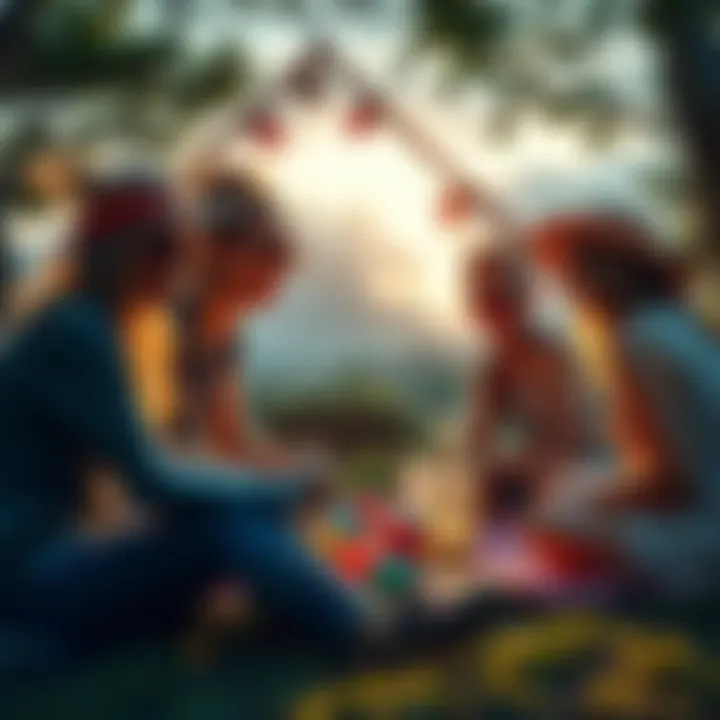 A group of friends enjoying various outdoor activities, like picnicking, hiking, and playing games