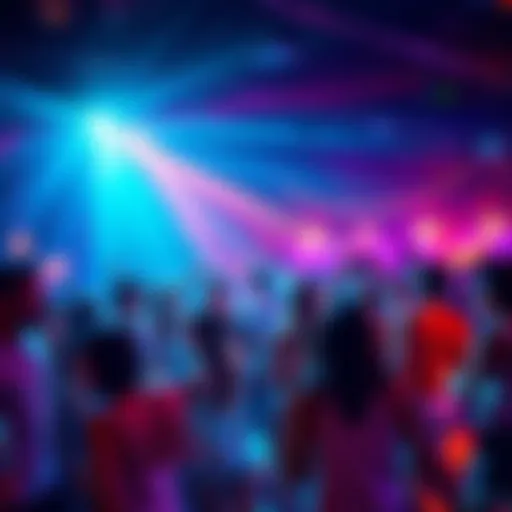 People dancing and enjoying at a lively party with colorful lights and music