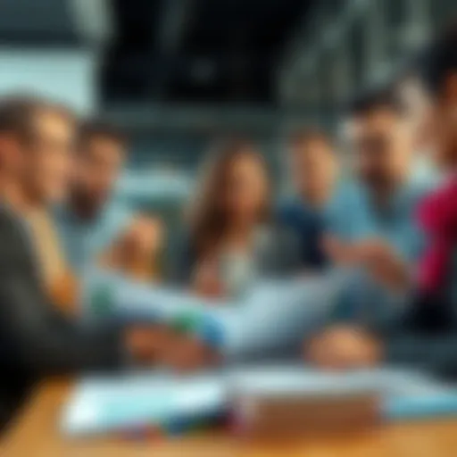 A diverse group of professionals discussing their weekly salaries in an office setting, looking at charts and financial documents.
