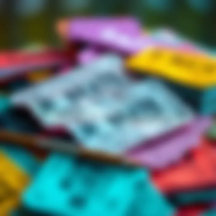 A collection of colorful raffle tickets stacked together, showcasing different colors and designs, symbolizing the excitement of a weekly raffle draw.
