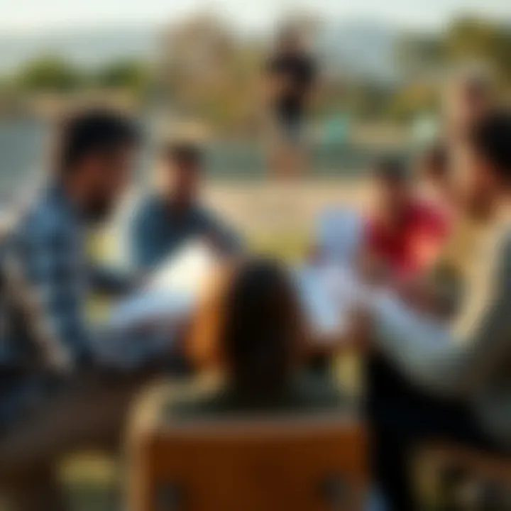A group of people discussing betting strategies with papers and charts on a table, excited about upcoming events, outdoors.
