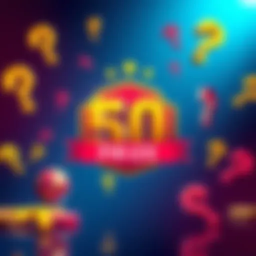 A colorful graphic showing a challenge with a $50 prize, featuring question marks and dollar signs