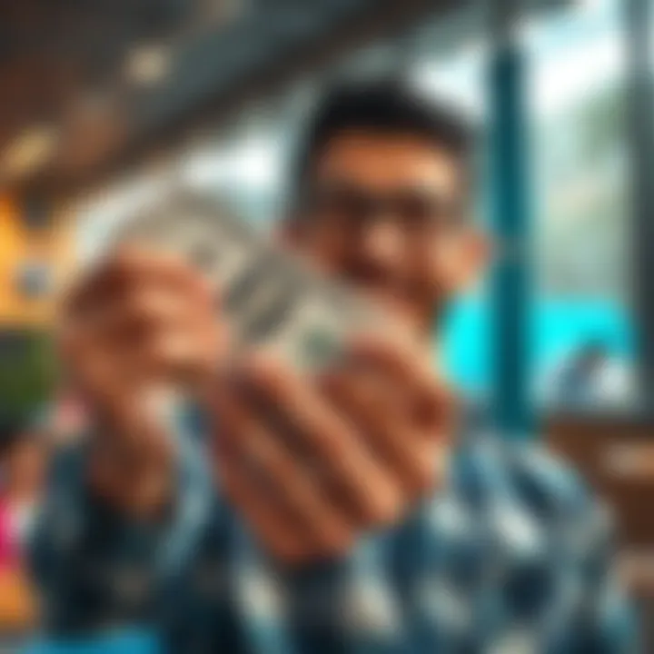 Weekly Income of One Thousand Dollars A person holding cash with a smile, representing financial success and stability