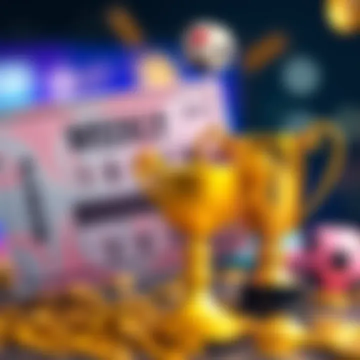 A colorful lottery ticket with a shiny gold trophy beside it, symbolizing prizes and winnings from weekly draws.