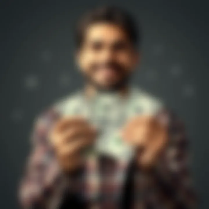 A person holding three dollar bills with a confident smile, surrounded by simple financial charts and money icons.