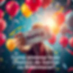 A person holding a raffle ticket with excitement, surrounded by colorful balloons and confetti, symbolizing hope and chance.