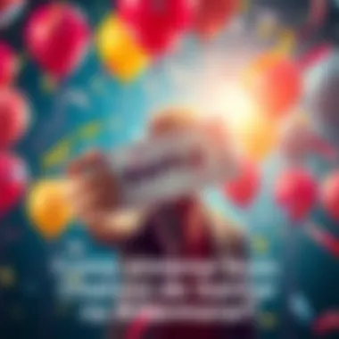 A person holding a raffle ticket with excitement, surrounded by colorful balloons and confetti, symbolizing hope and chance.