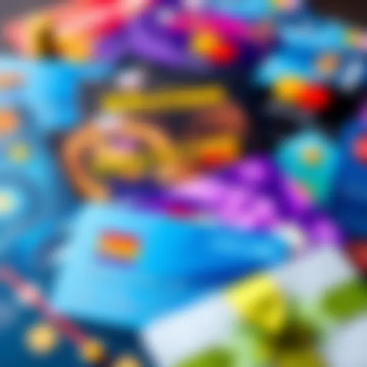 A collection of credit cards showing welcome bonuses and instant cash withdrawal options, with vibrant graphics to attract users.