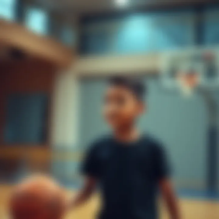 A young basketball player practicing on the court, showcasing impressive dribbling skills and focus, with a basketball hoop in the background