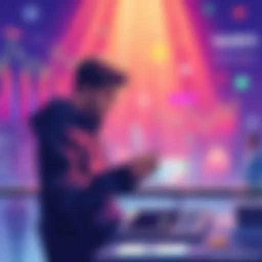 Illustration of a person making a Wen deposit on Love Stake platform, with investment charts and community elements in the background